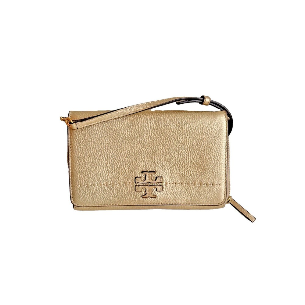 Tory Burch McGraw Metallic Gold Leather Wallet Crossbody Bag Clutch